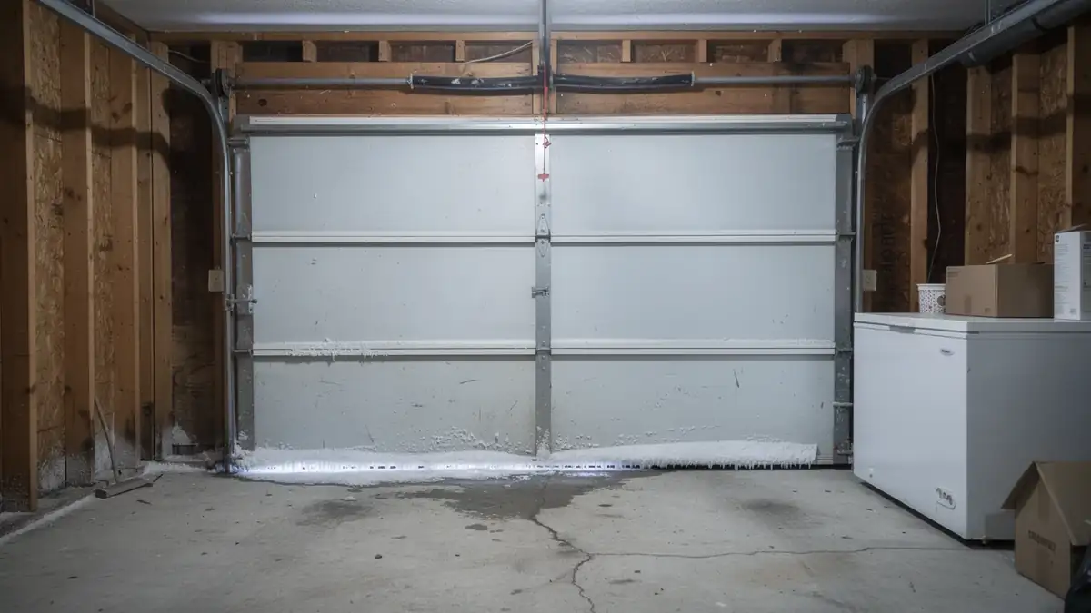 The white garage door has ice and water on the bottom.
