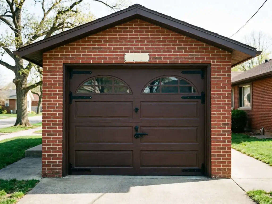 A brown garage door with decorative hardware is set in a brick garage.