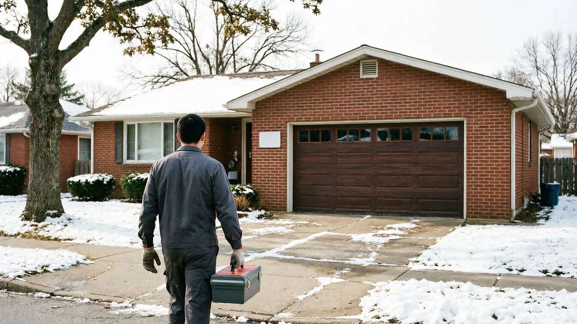 A technician walks toward a brick house with a brown garage door in winter.