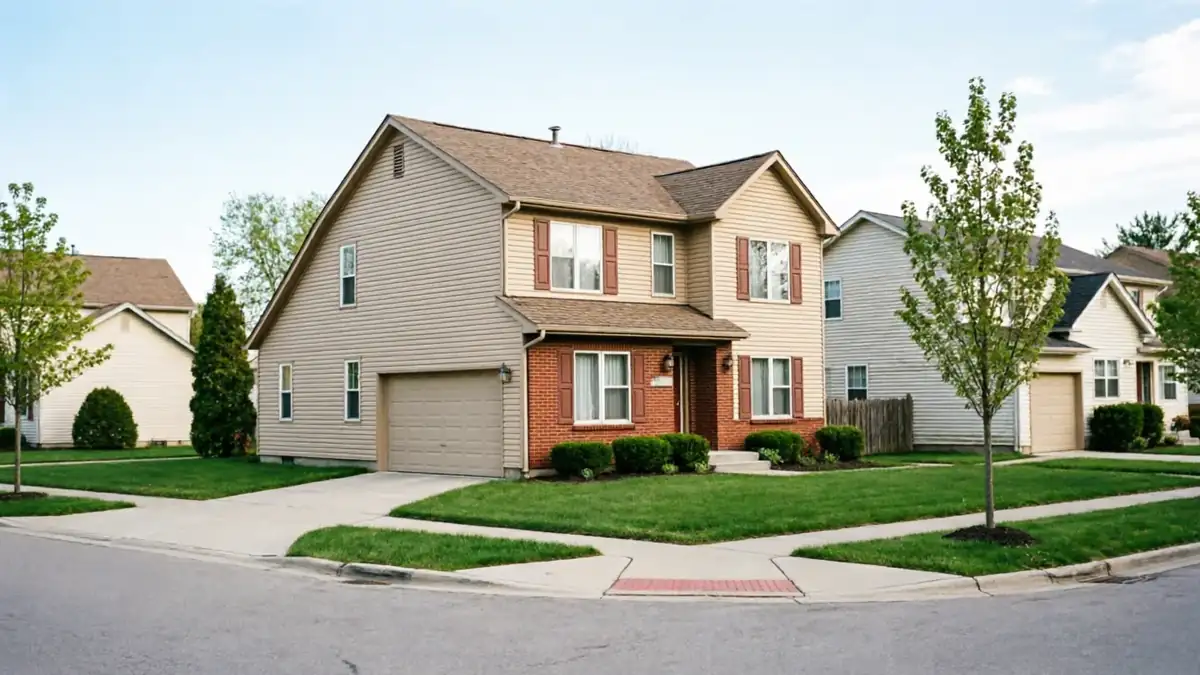 A two-story house with a beige garage door sits on a corner lot.