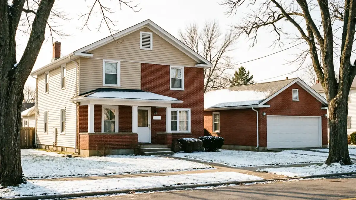 The house and detached garage have brick and siding, with snow on the ground.