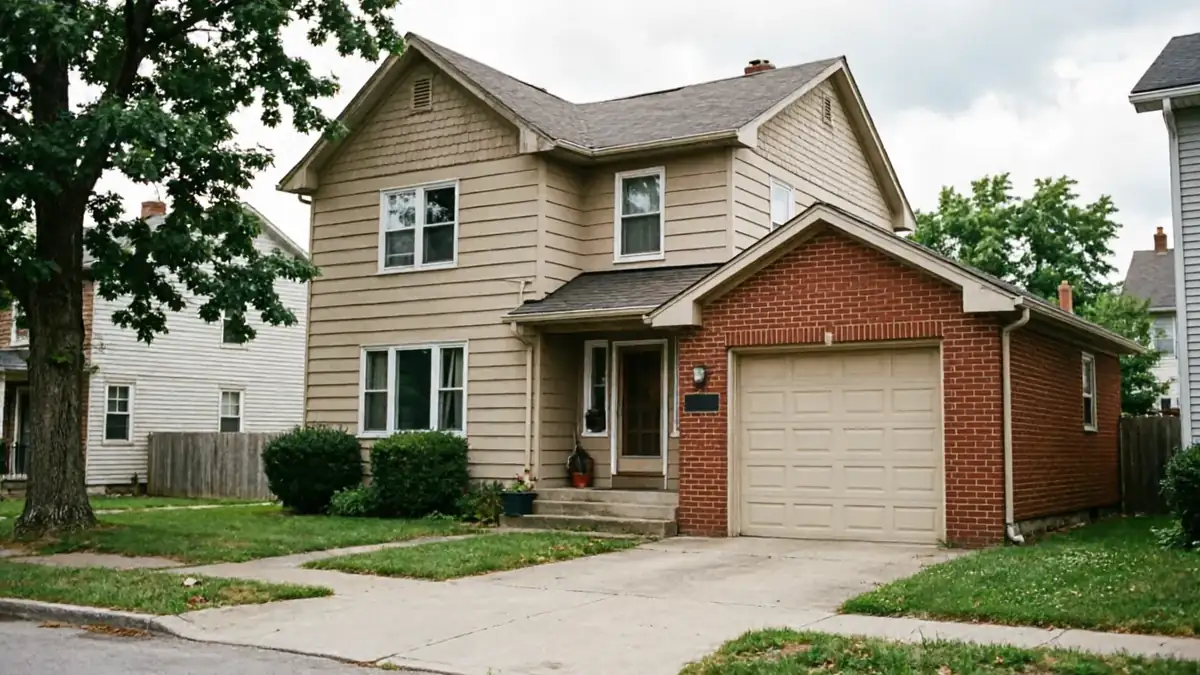 The house has tan siding and a brick garage with a light-colored garage door.