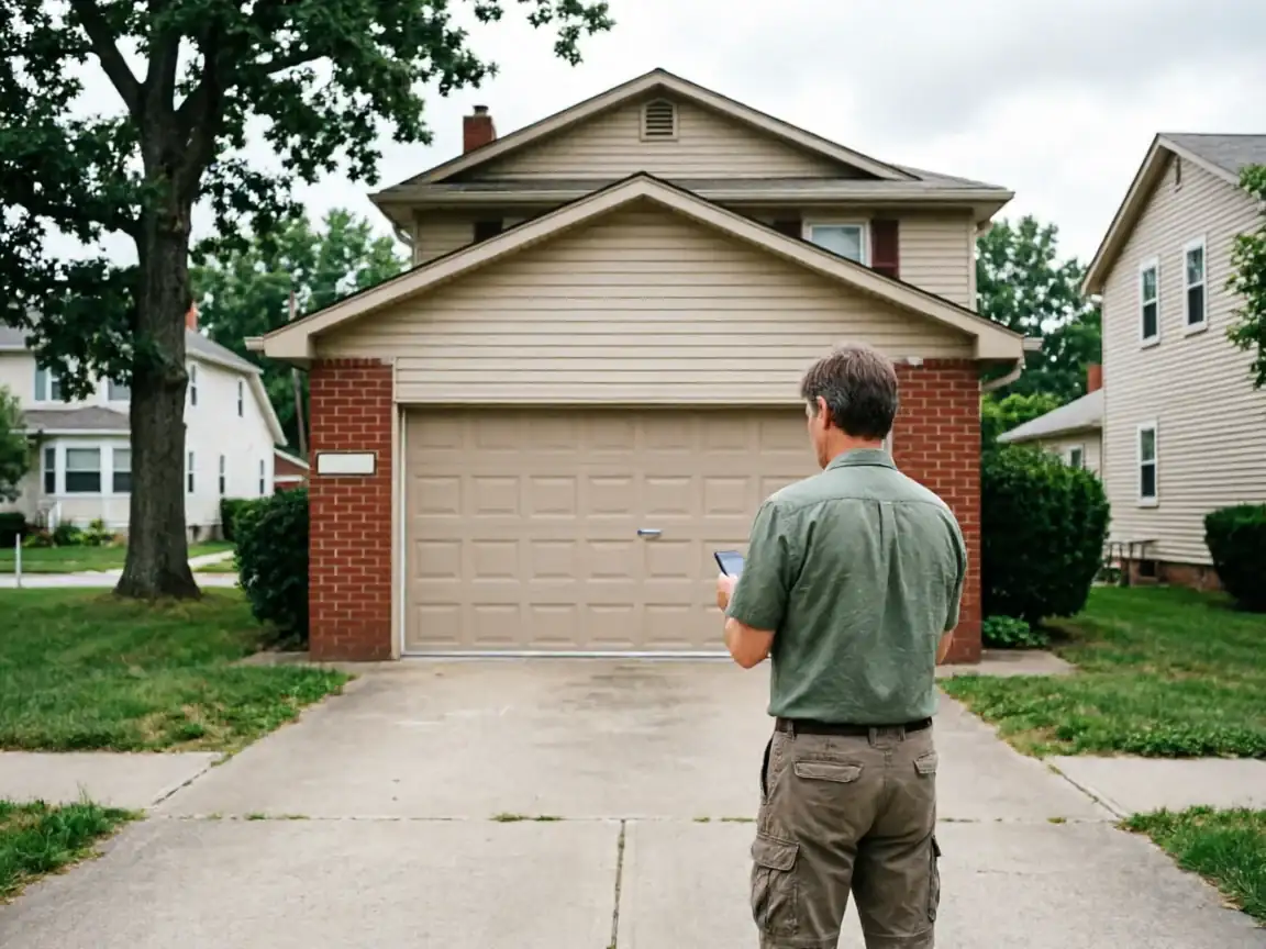 A technician stands in a driveway looking at a tan garage door on a house.