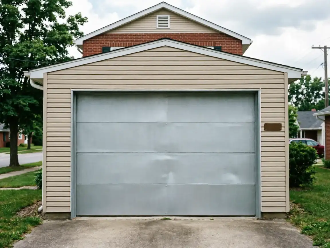 The garage door is light gray with horizontal panels on a beige house.