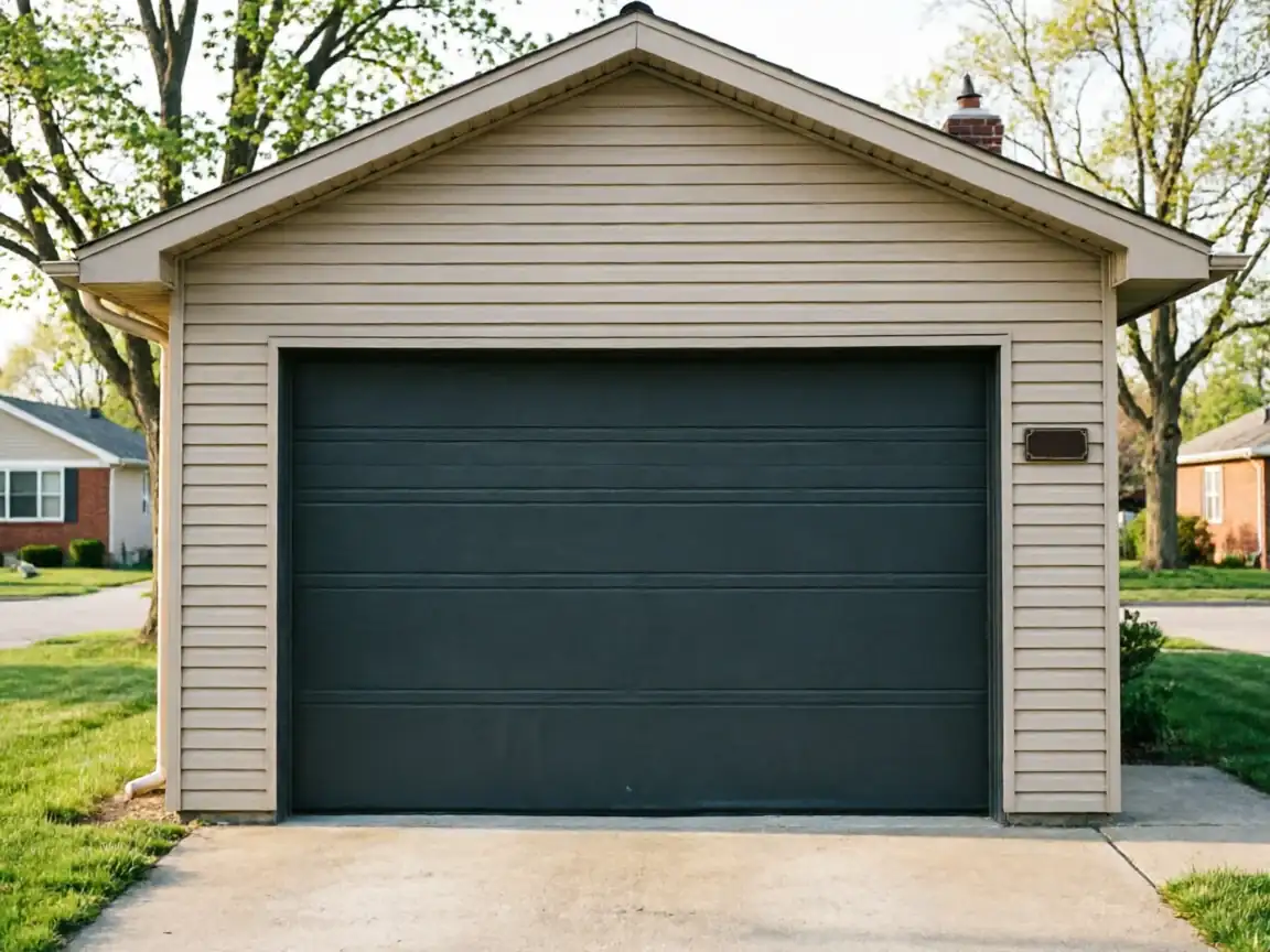A single-car garage with tan siding and a dark gray garage door.