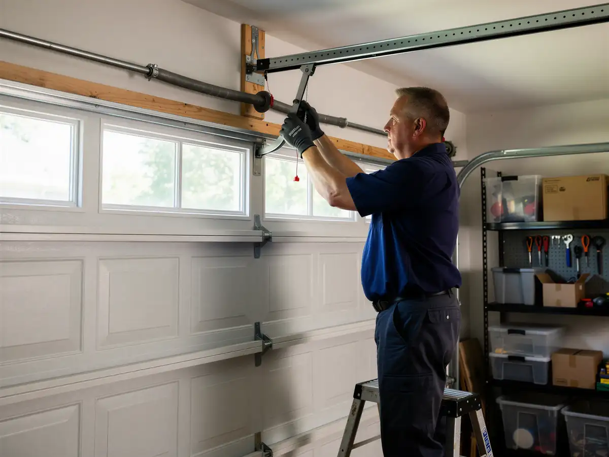 A technician on a ladder adjusts the torsion spring above a white garage door.