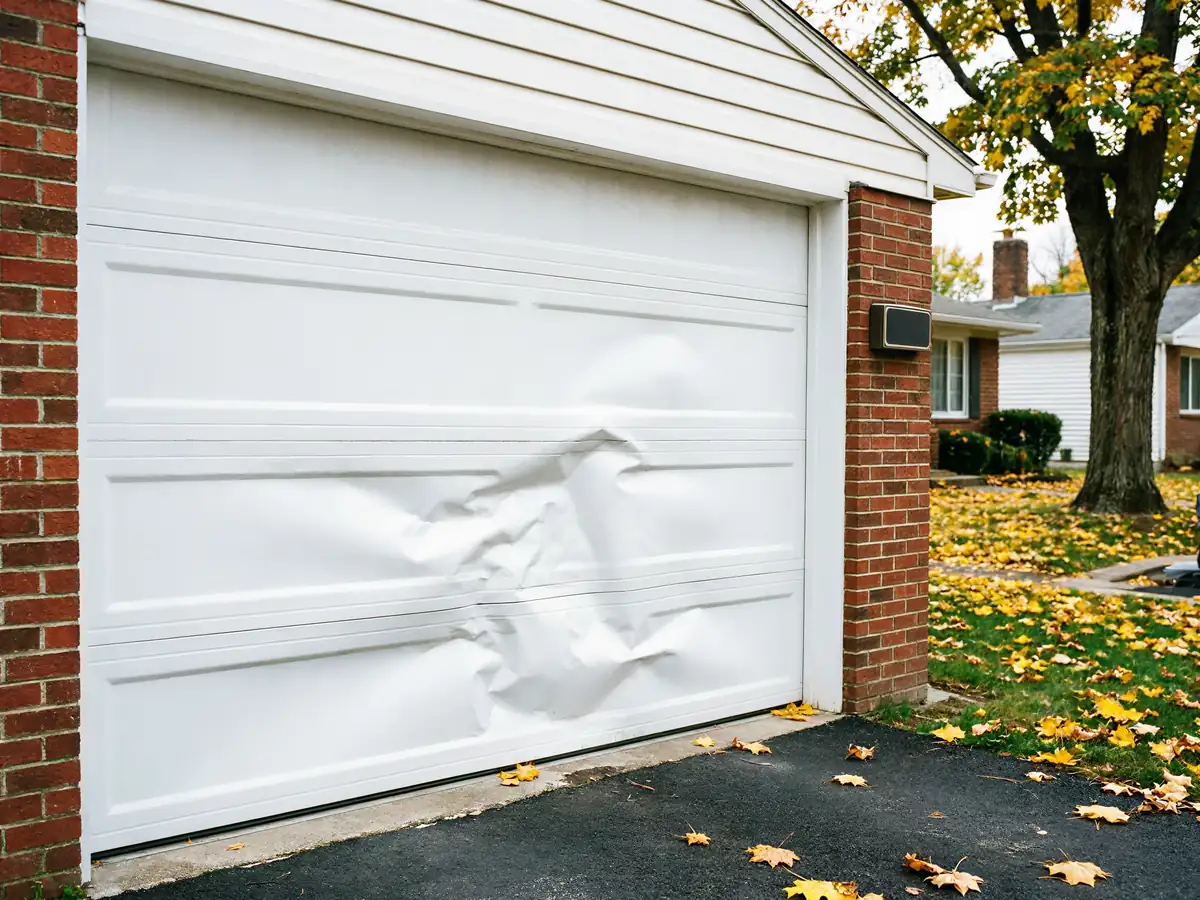 The white garage door has a large dent in its lower panels.