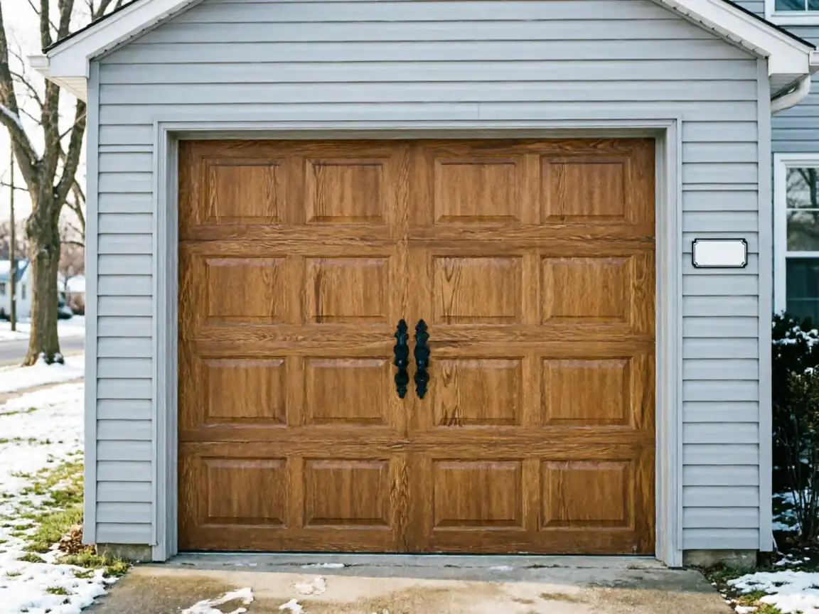 The brown garage door has black decorative handles and is set in light gray siding.